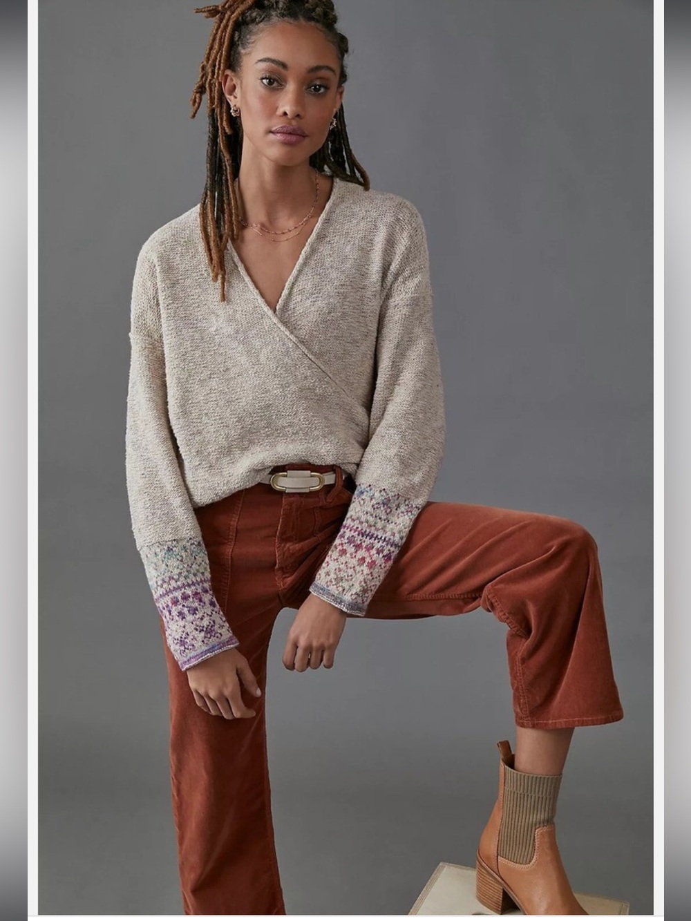 Anthropologie Pilcro Drew Surplice Sweater Fair Isle Cuff Sleeve Detail XXS